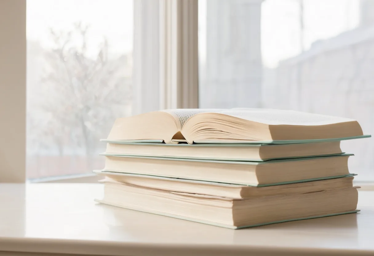 Typeset manuscript pages stacked by a window