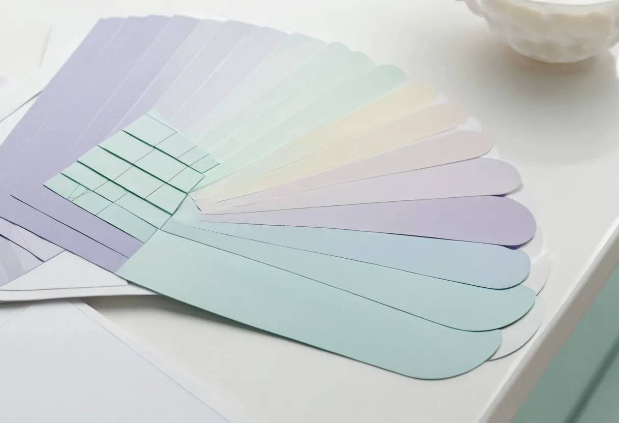 Pastel color swatches fanned on a designer desk
