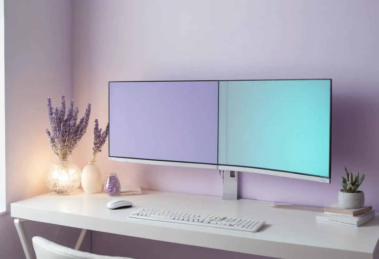 A tidy workspace with two glowing screens